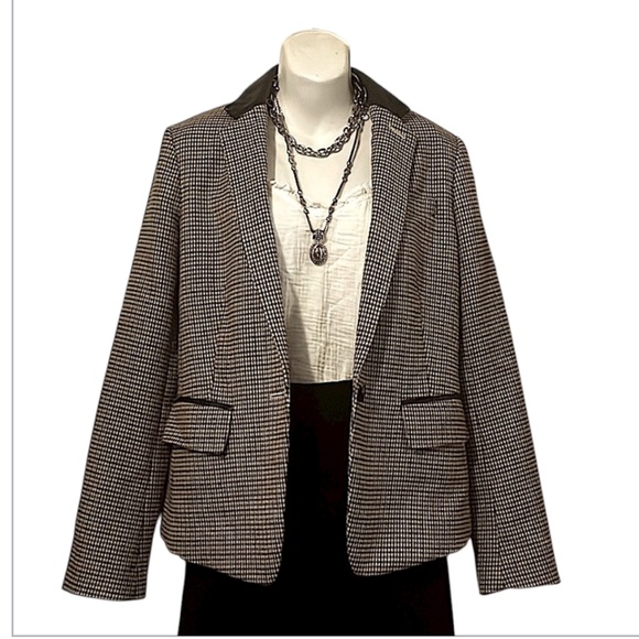 Club Monaco Plaid Checked Neutral Leather Collar Trim Blazer Jacket Sz 6